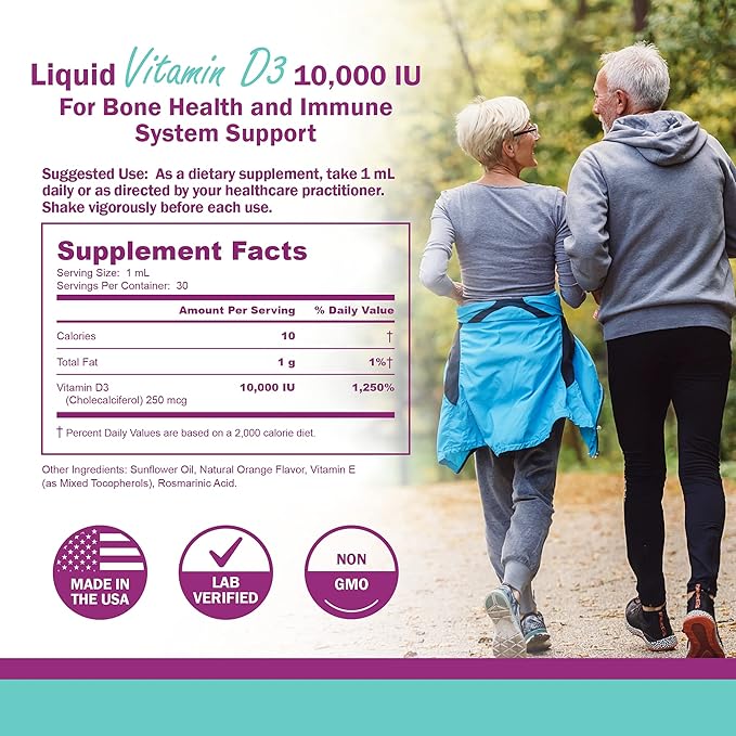 Vitamin D Liquid Drops for Adults: Vegan D3 10000 IU for Immune Support & Bone Strength Supplements, Non-GMO & Gluten Free Liquid Vitamin D for Women & Men, 30ml, 30 Servings