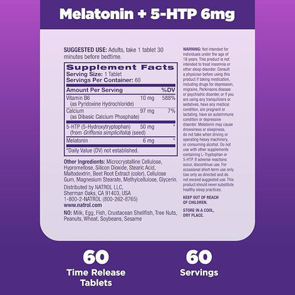 Natrol Advanced Sleep Melatonin + 5HTP, 6mg, Calming 60 Time-Release 60-Day Supply