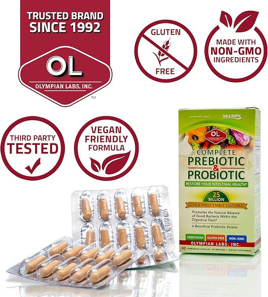 Olympian Labs Complete Prebiotic and Probiotic Supplement - 25 Billion Live Shelf Stable Cultures - 30 Vegetarian Capsules, Helps Restore The Natural Balance Within The Digestive Tract.