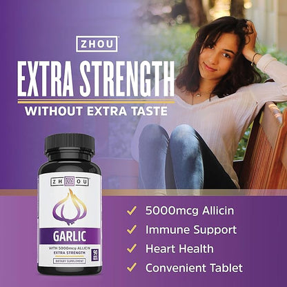 Zhou Nutrition Garlic Supplement With Allicin, Extra Strength 5000mcg Allicin Per Serving, Support Immune System, Blood Pressure And Cholesterol Health, 90 Servings