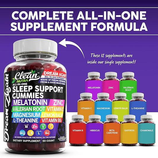 Sleep Aid Melatonin Gummies | Valerian Root L-Theanine Vitamin B6 C Lemon Balm Magnesium Hibiscus Beta Carotene Saffron & Chamomile Rest Support Supplement Raspberry Flavor Dream Again by Clean Nutra