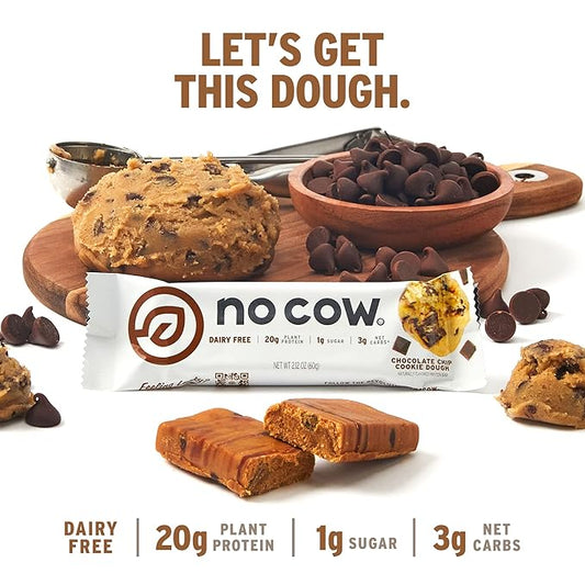 No Cow High Protein Bars, Chocolate Chip Cookie Dough - Healthy Snacks, 20g Vegan Protein, High Fiber, Low Sugar, Keto Friendly, Dairy & Gluten Free (12 Count)