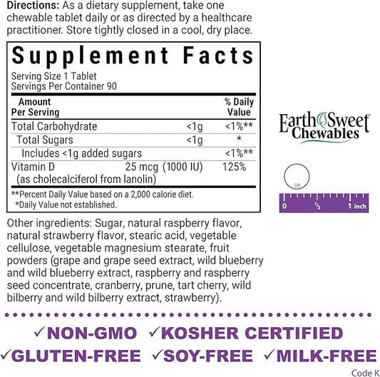 Bluebonnet Nutrition EarthSweet Vitamin D3 1000IU - Bone & Immune Support Supplement - Raspberry Chewable Vitamin D Supplement for Women & Men - Soy-Free, Gluten-Free, Non-GMO - 90 Tablets