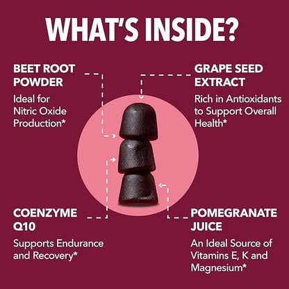 Beet Root Gummies with COQ10 & Pomegranate - Nitric Oxide Supplement for Men and Women - Endurance, Performance, Recovery - Vegan, Non-GMO, Gluten Free - Mixed Berry Flavor, 30 Count, 15-Day Supply