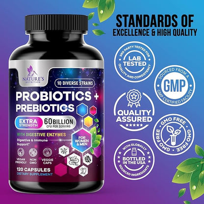 Daily Probiotic and Acidophilus Supplement 60 Billion CFU 10 Strains Capsule for Women & Men - Digestive Gut & Immune Health Support - Supports Occasional Constipation, Gas & Bloating - 120 Capsules
