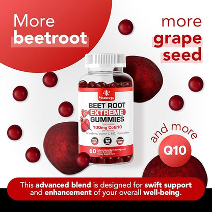 Extreme Beetroot Formula & COQ10 100mg with Grape Seed Extract, for Circulation Energy & Flow, 1500mg Beet Root Gummies Extract Gluten Free 60