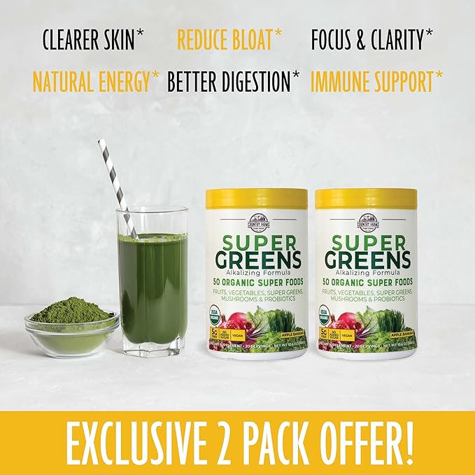 COUNTRY FARMS Super Greens Apple Banana 40 Servings, 2 Pack
