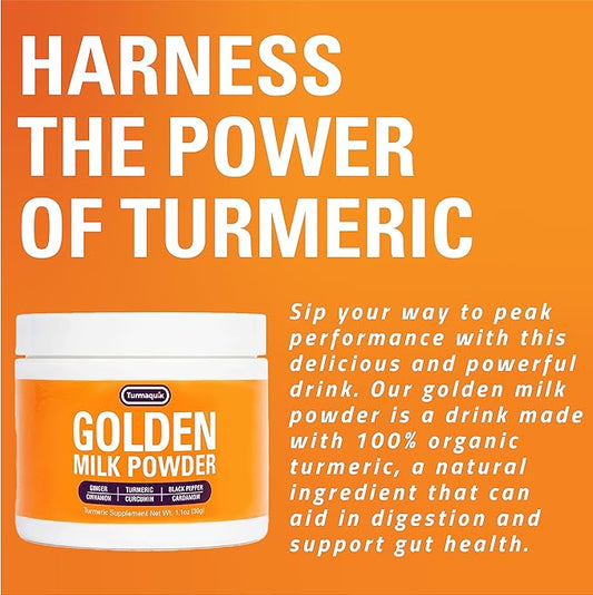 Turmaquik Organic Golden Milk Turmeric Powder Mix + Superfood Blend of Ginger, Black Pepper, Curcumin, Cinnamon, Cardamom - Non-GMO, Vegan, Keto, Ayurvedic