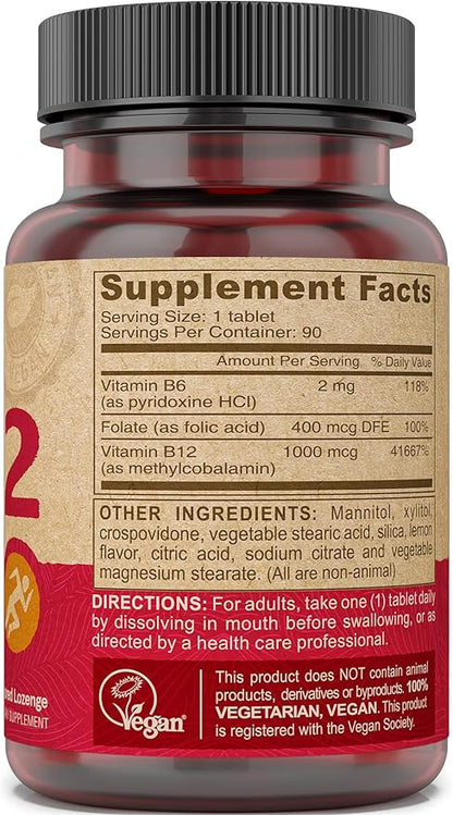 DEVA Vegan Vitamin B12 Fast Dissolve Supplement 1000 Mcg B12, Folic B6 - 90 Dissolvable