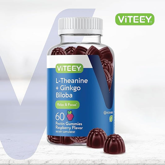 L-Theanine Gummies with Ginkgo Biloba for Adults - Aids in Focus & Relax, Improve Mood - Non GMO, Gelatin Free, Vegan, Gluten Free, Naturally Sourced Chewable Tasty Raspberry Flavored Gummy