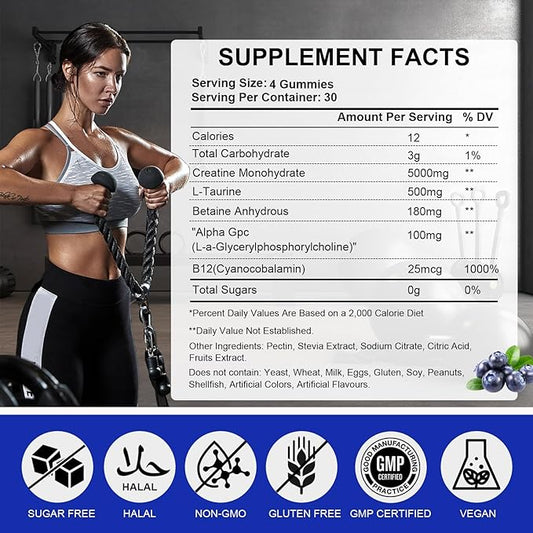 Creatine Monohydrate Gummies 5000mg for Men & Women, Creatine Monohydrate for Muscle Strength, Muscle Builder, Energy Boost, Pre-Workout Supplement, Blueberry Flavor, 120Count