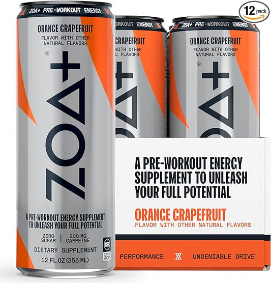 ZOA+ Pre-Workout Energy Drink Supplement - NSF Certified for Sport with Zero Sugar, Nitric Oxide Support, B & D Vitamins, Amino Acids, and Electrolytes (Orange Grapefruit)