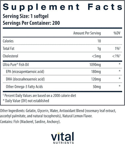 Vital Nutrients Ultra Pure® Fish Oil 350 Omega-3 Fatty 200 Softgels