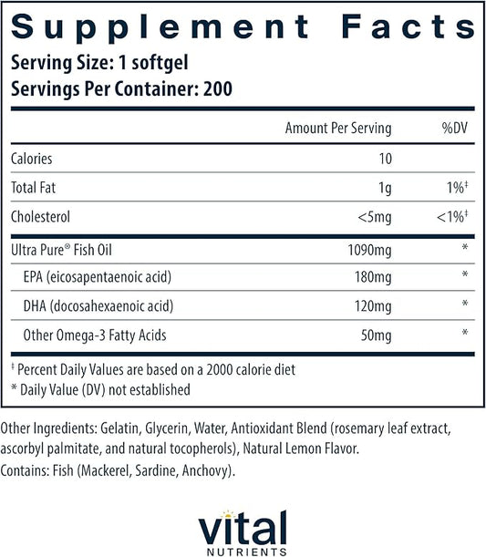 Vital Nutrients Ultra Pure® Fish Oil 350 Omega-3 Fatty 200 Softgels