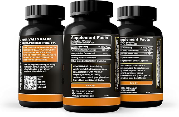 Turmeric & Moringa (365 Capsules) No Magnesium Or Rice Fillers, Always Pure, Lab Verified