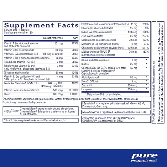 Pure Encapsulations O.N.E. Multivitamin - Once Daily Multivitamin with Antioxidant Complex Metafolin, CoQ10, and Lutein to Support Vision, Cognitive Function, and Cellular Health* - 60 Capsules