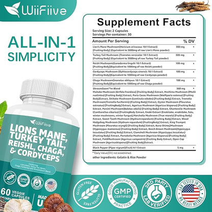 Lions Mane 3000mg Turkey Tail 3000mg 1000mg Chaga 1000mg Cordyceps 60 Capsules