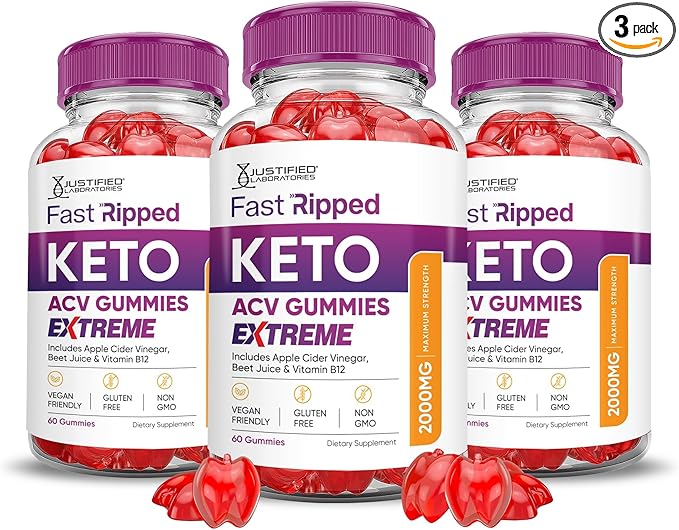 Justified Laboratories (3 Pack Fast Ripped Keto ACV Gummies Extreme 2000MG Fast Ripped Keto Gummies Apple Cider Vinegar Formulated with Pomegranate Beet Juice Powder B12 Vegan Non GMO 180 Gummys