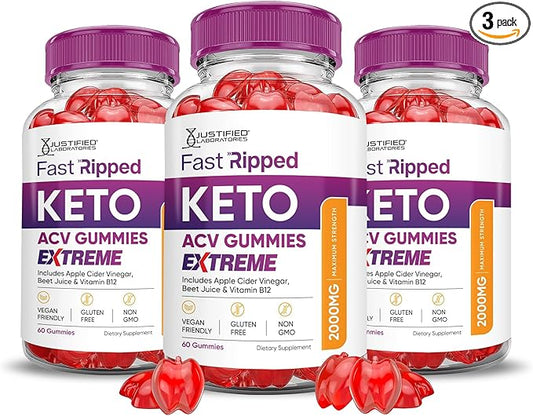 Justified Laboratories (3 Pack Fast Ripped Keto ACV Gummies Extreme 2000MG Fast Ripped Keto Gummies Apple Cider Vinegar Formulated with Pomegranate Beet Juice Powder B12 Vegan Non GMO 180 Gummys