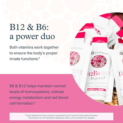 Youtheory Vitamin B12 B6, Daily Energy and Brain Support Supplement, Liquid Raspberry Flavor, 12 – 1oz Single Serving Packets