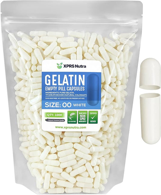XPRS Nutra Size 00 Empty Capsules - 1000 Count Empty Gelatin Capsules - Empty Pill Capsules - DIY Capsule Filling - Fillable Pill Capsules Empty Gel Caps (White)