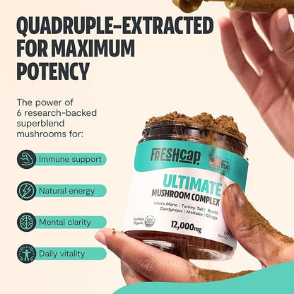 FreshCap Ultimate Mushroom Supplement Powder 12,000mg - Organic Mushroom Blend, Mushroom Complex for Focus & Memory, Nootropics Brain Support Supplement, Ayurveda Mushroom Powder Extract (60 Servings)