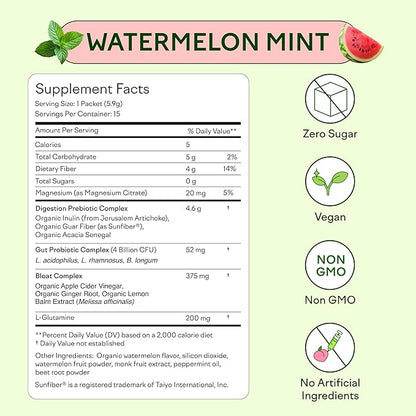 Feel Goods Gut Guardian, Prebiotic & Probiotic Powder, Organic Fiber, Sugar Free, Herbs for Bloat, Gut Health Support, Digestive Health for Men & Women, Non GMO, Vegan | Watermelon Mint, 15 Count