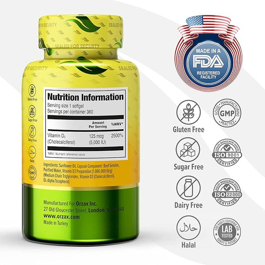 ORZAX Vitamin D3 5000 iu (125 mcg) 1 Year (360 Softgel)