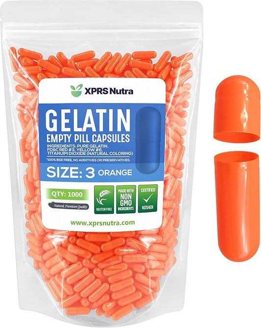 XPRS Nutra Size 3 Empty Capsules - 1000 Count Empty Gelatin Capsules - Empty Pill Capsules - DIY Capsule Filling - Pure Bovine Pill Capsules Empty Gel Caps (Orange)