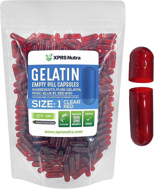 XPRS Nutra Size 1 Empty Capsules - 500 Count Colored Empty Gelatin Capsules - Empty Pill Capsules - DIY Supplement Capsule Filling - Fillable Color Gel Caps Pills (Clear Red)