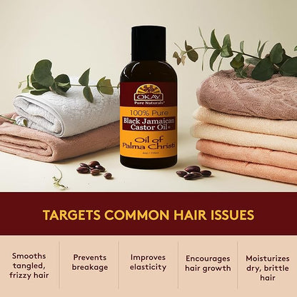 Okay Pure Naturals Black Jamaican Castor Oil - Castor Oil for Hair Growth, Moisture for Skin, Face, Scalp, Eyelashes, Eyebrows, Hair Oil for Men & Women - 4 Oz
