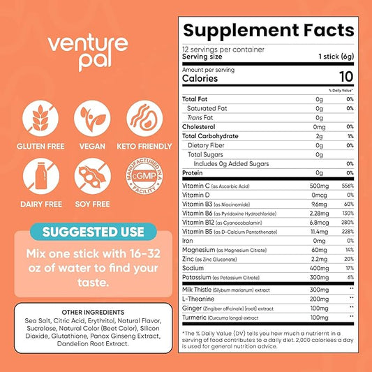 Venture Pal Liver Cleanse Detox & Repair, Liver Support with Milk Thistle + Ginger & Turmeric + L-Theanine + 5 Vitamins & 7 Electrolytes, Rapid Rehydration & Weekend Recovery Powder Packets, 12 Sticks