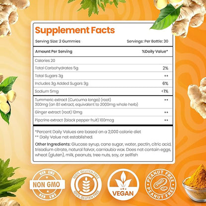 Turmeric Curcumin Gummies for Adults - Extract 8:1 2000mg - Black Pepper and Ginger Supplements for Joint Support - Vegan Chewable Vitamins Supplement - Peach Flavor Turmeric Gummy Chews