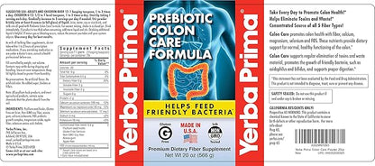 Yerba Prima Prebiotic Colon Care Formula, 20 oz Powder with FOS - Natural Psyllium Fiber, Magnesium, Selenium - Non-GMO, Gluten Free, Vegan Daily Supplement - for Men & Women