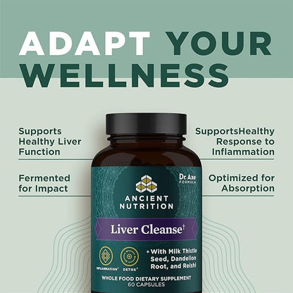 Liver Detox Supplement by Ancient Nutrition, Ancient Herbals Liver Cleanse with Milk Thistle, Dandelion Root & Reishi for Optimal Liver Support, 1300mg, Gluten Free, 60 Count