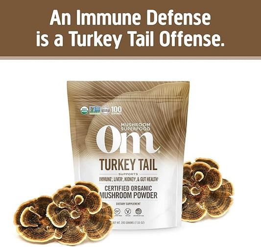 OM MUSHROOM SUPERFOOD Turkey Tail Organic Mushroom Powder Pouch, 7.05 Ounce, 100 Servings, Immune Support, Polysacchrides, Beta-Glucans, Gut Health & Holistic Defense Mushroom Supplement