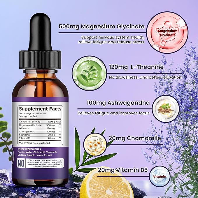 Magnesium Glycinate Supplement, Magnesium Liquid Drops 500mg Vitamin B6, Ashwagandha, 2)
