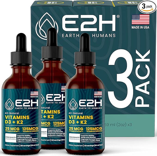 E2H EARTH TO HUMANS Vitamin D3 & K2 Supplement for Immune Support - Liquid Vitamin D3 5000 IU - Made in The USA | Non-GMO, Vegan - (3 Bottles)