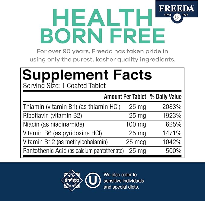 Freeda Vitamin B Complex No Folic No PABA - Super B Complex Kosher Vitamin Supplement with Vitamin B1 Vitamin B2 Vitamin B3 Vitamin B5 Vitamin B6 Vitamin B12 - Vit B Complex B for Women & Men (250 Ct)