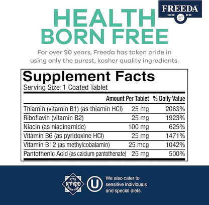 Freeda Vitamin B Complex No Folic No PABA - Super B Complex Kosher Vitamin Supplement with Vitamin B1 Vitamin B2 Vitamin B3 Vitamin B5 Vitamin B6 Vitamin B12 - Vit B Complex B for Women & Men (250 Ct)