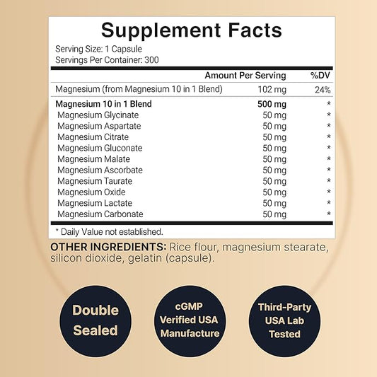 NatureBell Magnesium Complex Supplement 500mg, 300 Capsules | 10 Active Forms – Glycinate, Citrate, Taurate, Plus More | 100% Chelated & Purified | Bone, Heart, & Muscle Support | Non-GMO