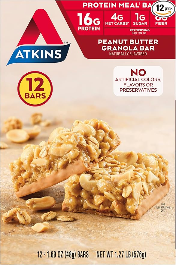Atkins Peanut Butter Granola Protein Meal Bar, High Fiber, 16g Protein, 1g Sugar, 4g Net Carb, Meal Replacement, Keto Friendly, 12 Count