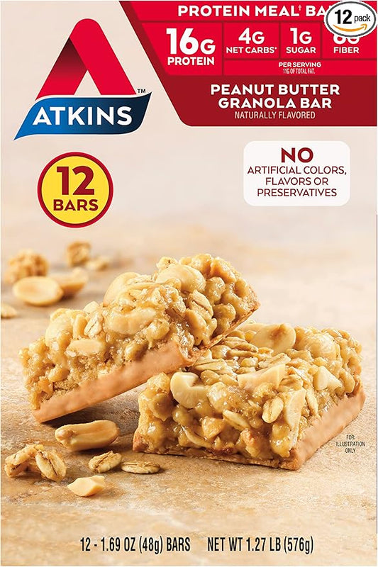 Atkins Peanut Butter Granola Protein Meal Bar, High Fiber, 16g Protein, 1g Sugar, 4g Net Carb, Meal Replacement, Keto Friendly, 12 Count