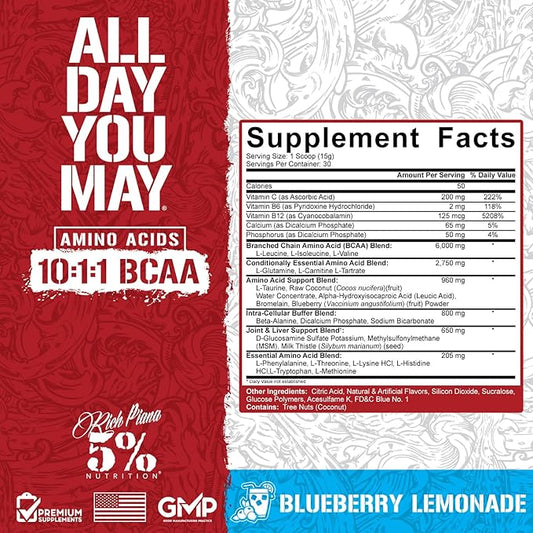 5% Nutrition Rich Piana AllDayYouMay BCAA Powder | Premium Intra & Post Workout Amino Acids, Hydration, Endurance, Muscle Recovery, Joint & Liver Support | 15.9 oz, 30 Servings (Blueberry Lemonade)