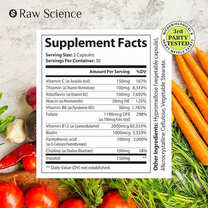 Vitamin B-Complex Capsules B1 B2 B2 B3 B3 B5 B5 B6 B6 B7 B7 B9 B9 B12, B12, Biotin, 60 Capsules
