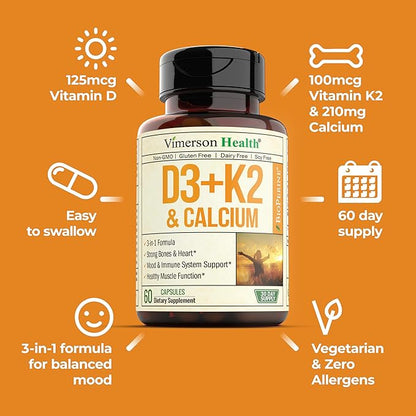 Vitamin D3, K2 Calcium Supplement with BioPerine for Immune & Bone Health - Vitamin D 5000 IU + Vitamin K2 as MK7 + Calcium. 4 in 1 Support: Strong Bones & Teeth Plus Joint & Heart Health. 60 Capsules