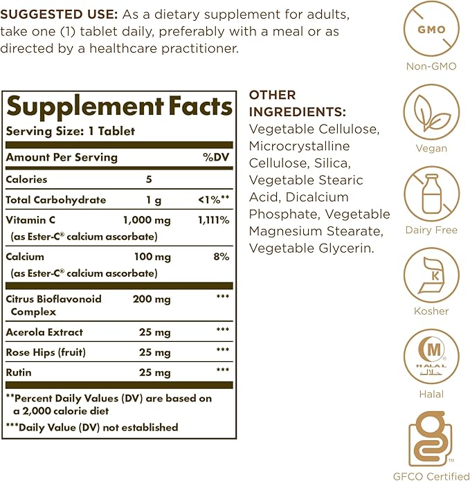 SOLGAR Ester-C Plus 1000 mg Vitamin 90 Tablets, 3 - 270 Total