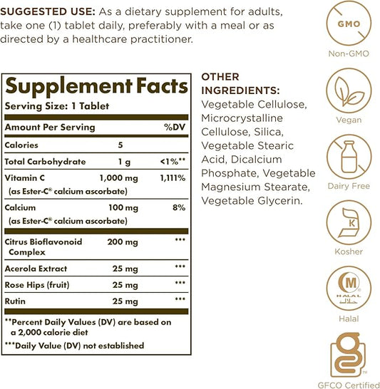 SOLGAR Ester-C Plus 1000 mg Vitamin 90 Tablets, 3 - 270 Total