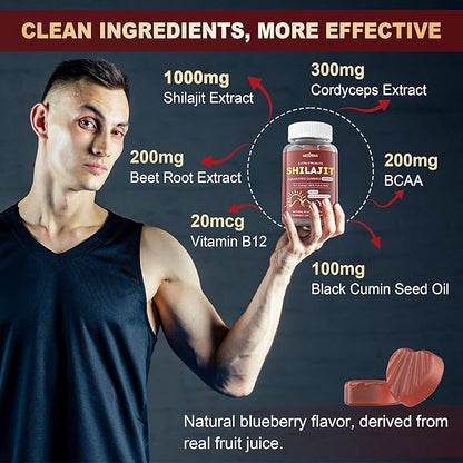10,000mg Shilajit Gummies for Men & Women - Shilajit Pure Himalayan with Organic Beet Root, BCAA, Cordyceps Mushroom - 60% Fulvic Acid & 85+Trace Minerals Support Energy, Muscle, Immune & Brain, 1Pack