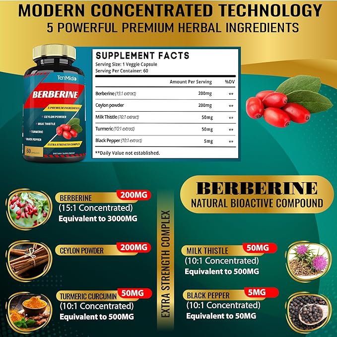 Berberine Extract Capsules 4250mg, 2 Months